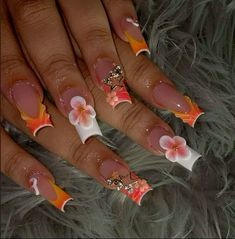 Nails Orange And White, French Tip Set, Long Acrylic Nail, Nails Orange, Ac New Leaf, Nails Coffin Short, Long Acrylic Nail Designs