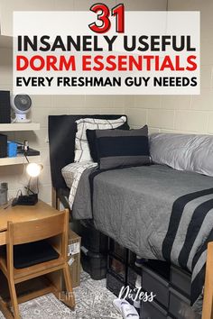 a dorm room with a bed and desk