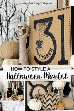 halloween mantel with black and white decorations