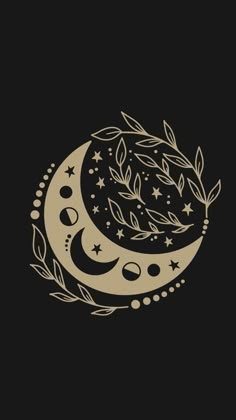 a crescent with leaves and stars on it, in the middle of a black background