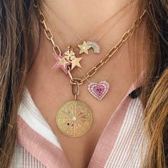 JuJu Heart Charm Necklace Shooting Star Necklace, Charm Bracelet Watch, Grey Sapphire, Heart Charm Necklace, Pink Dark, Sapphire Pendant, Perfect Pink, Stacked Jewelry, Yellow Light