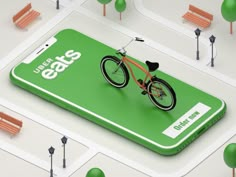 an electronic device with a bicycle on the front and back cover, surrounded by park benches