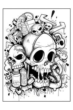 a black and white drawing of some skulls