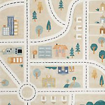 a child's play area map with cars, houses and trees on it in pastel colors