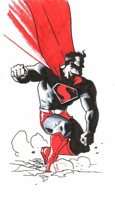 a drawing of a man with a red cape on his head and hands in the air