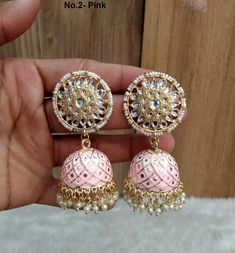 Dark Gold  jhumka earrings set. Earrings length: 2.9 inches  (with drops)  Stud diameter- 1.2 inches Dome Size: 1.1 inches Pink Drop Earrings Jewelry For Diwali, Pink Round Danglers For Wedding, Pink Bollywood Drop Earrings, Pink Bollywood Style Drop Earrings, Pink Jhumkas Drop Earrings For Wedding, Pink Cutdana Jewelry For Navratri, Pink Chandbali Jhumkas For Party, Bollywood Bridal Earrings In Pink For Diwali, Pink Meenakari Jewelry For Eid