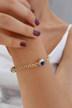 This 14k Gold Evil Eye Bracelet, Evil Eye Rolo Chain Gold Bracelet, 1 3 5 Blue Eyes Real Gold Station Bracelet is Gift for Her gift for Mother Bracelets that on photo are 8.0 mm evil eye bracelet and 9.0 mm evil eye bracelet Material: 14K Solid Gold (Real fine Gold) Gold color: Only yellow gold Available Eye Charm Size: 6 mm eye means ; 6.00 - 6.30 mm 7 mm eye means ; 7.50 - 7.70 mm 8 mm eye means ; 8.50 - 8.70 mm 9 mm eye means ; 9.50 - 9.70 mm 10 mm eye means ;10.20 - 10.30 mm You can customiz