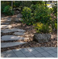 a stone path in the middle of a garden