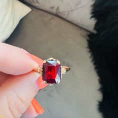 This A 10k Solid Gold Vintage Garnet Ring For Lovers Of Deep Red And Emerald Cut. Red Ruby Ring Fine Jewelry Gift, Fine Jewelry Red Ruby Ring Gift, Heirloom Style Lab-created Ruby Ring As A Gift, Heirloom Style Lab-created Ruby Ring Gift, Classic Red Ruby Ring In 14k Gold, Classic Red Birthstone Jewelry, Heirloom Rings With Lab-created Ruby For Gifts, Red Heirloom Jewelry, Classic Red Ruby Jewelry