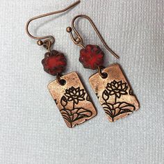 Copper Red Flower Dangle Earrings Handmade Jewelry Short - Etsy Red Copper Earrings, Vintage Red Copper Earrings, Red Copper Earrings As Gift, Red Copper Earrings Gift, Red Copper Drop Earrings, Nickel-free Red Copper Earrings, Red Copper Dangle Earrings, Red Flower Earrings, Cottagecore Jewelry