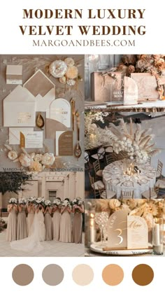 the modern luxury velvet wedding theme is shown in gold, white and champagne tones with neutrals