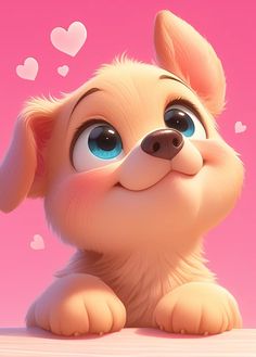 a cartoon dog with blue eyes sitting on top of a wooden table next to a pink background