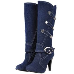 PRICES MAY VARY. Sexy stiletto high heel, round toe, denim fabric easy to wash, comfortable and breathable. Heel Height:9.5cm,3.74inches.Platform:0.5cm,0.20inches. Womens denim mid calf boots great for gift, office,work, shopping, date, wedding, travel, daily, holiday, party, nightclub. Material:Made of Denim fabric.The outsole is rubber material. Slip on for easy on / off. Uniquelly is committed to fashionable and comfortable women's shoes. It is always at the forefront of fashion, and every pair of shoes is unique in its design.    Material:Denim fabric  Lining:Denim fabric  Closure:Slip on   Color:Black, light blue, dark blue  Shoes Toe:Round Toe   Heel Style:Stiletto  Popular Elements:Denim knee high boots  Occasion:Suitable for daily life, wedding,casual, travel,office, shopping, stre Denim Knee High Boots, Jeans Bell Bottoms, Cute Footwear, Ankle Boots Winter, Womens High Boots, Half Boots, Popular Boots, Boots Tall, Denim Boots