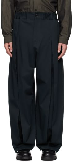 Cotton drill trousers. · Concealed drawstring at elasticized waistband · Three-pocket styling · Zip-fly · Inverted box pleats at front · Darts at back Supplier color: Navy Luxury Trousers With Multiple Pockets, Tailored Pleated Workwear Pants, Blue Trousers With Welt Pockets, Mens Wide Leg Pleated Trousers, Navy Trousers With Side Pockets, Knife Pleat, Pleated Trousers, Pleated Pants, Box Pleats