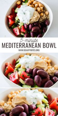 three pictures of different types of food in bowls with the words mediterranean bowl above them