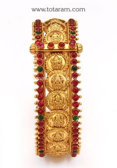 22 Karat Gold "Lakshmi Kasu" Kada With Beads (Temple Jewellery) - Single Piece
  Note : This item comes with a Screw and hinge so that you can open it up for easy wearing. - 235-GK648 - in 38.550 Grams for USD $2955.74. 
Made in India by Totaram Jewelers Online this product is in Gold - 22 Karat BIS Hallmark 916 KDM Gold  & is an excellent gift for Adult - Women. Ships fully insured with secured guaranteed delivery for free with your order over $250 from New Jersey USA & comes with 30 da 22k Gold Temple Jewelry Bracelets For Festivals, Traditional 22k Gold Bracelet For Festive Season, Traditional 22k Gold Festive Bracelet, 22k Gold Temple Jewelry Bangle For Festivals, 22k Gold Temple Jewelry Bracelet For Festive Occasion, 22k Gold Festive Bracelet For Festivals, Traditional 22k Gold Bracelet For Festivals, Yellow Gold Temple Jewelry Bracelet For Festive, Festive Temple Jewelry Gold Bracelet