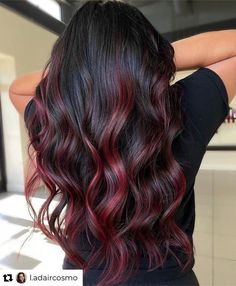 Balayage Hair Red And Black, Red Hair Balayage Black, Black To Wine Red Ombre Hair, Burgundy Peekaboo Highlights, Wine Hair Ombre, Dark Brown Burgundy Balayage, Dark Cherry Hair Balayage, Hair Colour Red Highlights, Wine Red Hair Color Highlights