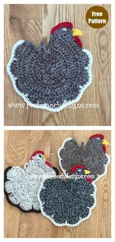 crocheted chicken placemats are on the floor and one has a red tail