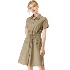 The casual, elegant look of this pretty dress will keep you looking great all the time. The short-sleeve shirt dress is cut with a relaxed silhouette and features a drawstring to cinch in the waist and plenty of practical pockets. Pair it with ankle boots or heels for a chic silhouette. Perfect for spring, summer, and autumn, and it is also suitable for any occasion. Button Up Shirt Dress, Safari Dress, Drawstring Waist Shorts, Cargo Shirts, Short Sleeve Dress Shirt, Dark Khaki, Young Fashion, Pretty Dress, Mini Shirt Dress