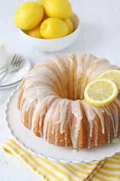 a lemon bunt cake on a white plate