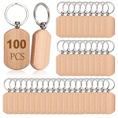 wooden keychains with metal rings and numbers on them, set of 100 pcs