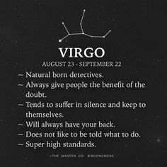 the virgo zodiac sign on a black background with white writing and stars above it