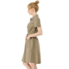 The casual, elegant look of this pretty dress will keep you looking great all the time. The short-sleeve shirt dress is cut with a relaxed silhouette and features a drawstring to cinch in the waist and plenty of practical pockets. Pair it with ankle boots or heels for a chic silhouette. Perfect for spring, summer, and autumn, and it is also suitable for any occasion. Safari Dress, Cargo Shirts, Short Sleeve Dress Shirt, Dark Khaki, Pretty Dress, Mini Shirt Dress, Dress Cotton, Shirtdress, Button Down Collar