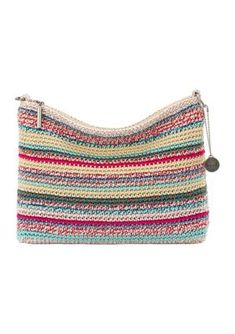 a multicolored knitted clutch bag