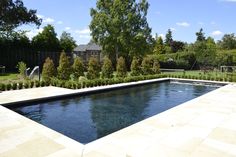 an empty swimming pool surrounded by trees and bushes