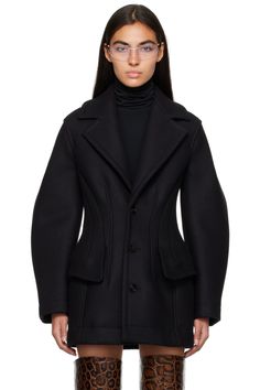 Black Outerwear With Structured Boning And Lapel Collar, Black Business Outerwear With Structured Boning, Designer Black Long Wool Coat, Designer Outerwear With Structured Boning And Notch Lapel, Designer Tailored Structured Outerwear, Winter Structured Boning Outerwear, Classic Structured Black Outerwear, Structured Black Wool Coat For Office, Luxury Structured Outerwear With Lapel Collar