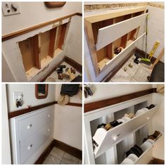 several pictures of the inside of a kitchen under construction, including cabinets and drawers with tools in them