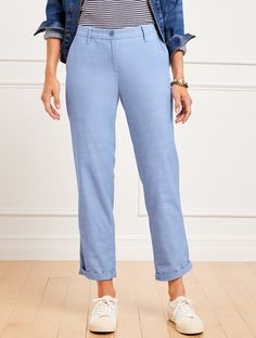 Relaxed fit. Unbeatable comfort. In classic chambray. Roll with it. Features Relaxed leg Hits below waist Ankle length Fly front with button closure Front slash, back welt pockets Imported Fit: Rolled inseam: Misses: 27"; Petite: 24 1/2"; Plus: 27"; Plus Petite: 24 1/2" Unrolled inseam: Misses: 29 1/2"; Petite: 27"; Plus: 29 1/2"; Plus Petite: 27" Material: 100% Cotton Care: Machine wash cold; tumble dry low | Relaxed Chinos Pants - Newport Chambray - 100% Cotton Talbots Chinos Pants, Welt Pockets, Welt Pocket, Modern Classic, Chambray, Ankle Length, Newport, Relaxed Fit, Pants