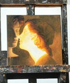 an oil painting of two people kissing each other