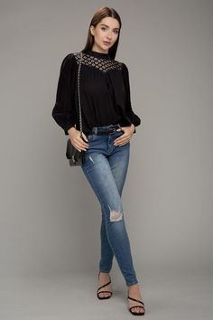 This Lace yoke blouse in Black is perfect for formal occasions. Crafted from a lightweight and airy material, it features a delicate lace yoke and a flattering cut. With its sophisticated silhouette, this blouse will help you look professional and elegant. Lace yoke blouse in Black Details : -Pattern type : Solid (Crinkled)-Neck line : Mock neck-Sleeve type : Regular sleeve-Sleeve length : Long sleeve-Stretch : No stretch-Sheer : Not sheer (Sheer at front and back yoke)-Functional 1 button and k Women Lace Blouse, Long Sleeve Tank Top, Jumpsuits And Romper, Night Out Dress, Key Hole, Sheer Fabrics, Women Lace, Lace Blouse, Chiffon Fabric