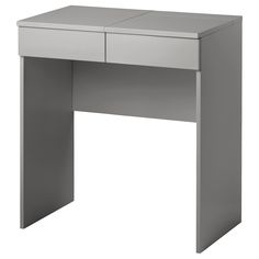 a gray desk with two drawers on the top and one drawer at the bottom, in front of a white background