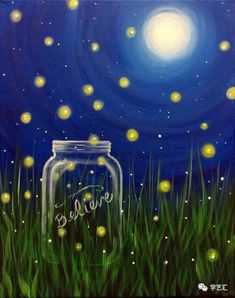 an acrylic painting of a jar with the word hello written on it in grass