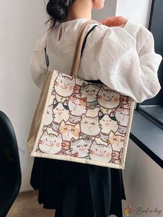 Bird in Bag - Cat Pattern Straw Tote Bag (Double) Rectangular Bags With Animal Design For Daily Use, Rectangular Bag With Animal Design For Daily Use, Beige Rectangular Bag With Cat Design, Beige Bags With Animal Design For Everyday Use, Rectangular Animal Design Bag For Daily Use, Casual School Bags With Cat Print, Casual School Bag With Cat Print, Daily Use Rectangular Canvas Bag With Cat Design, Casual Travel Bag With Cat Design