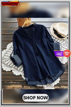 Women's Denim Blue Shirts Fashion Blouse Casual Button V Neck Long Sleeve Tops Plus Size Jean Tunic Blusa Denim Blue Button Shirt For Fall, Denim Blue Shirt With Buttons For Fall, Dark Wash Long Sleeve Shirt With Buttons, Fall Denim Blue Blouse With Buttons, Button-up Denim Blue Blouse For Fall, Denim Blue Button-up Blouse For Fall, Denim Blue Buttoned Tops For Fall, Fall Denim Blue Tops With Buttons, Fall Denim Blue Buttoned Tops