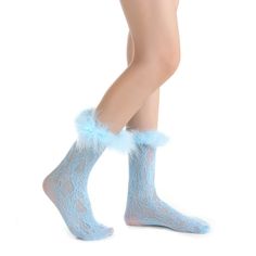 Be bold and stand out with these Destiny Feather Trim Lace Crew Socks! These raiment-ready beauties have the perfect amount of y2k vibes, and can pull up to mid calf or slouch, so you can 'flex' your style in any way you please. Semi-sheer nylon socks patterned in all-over crochet style lace. Hand-sewed feather trim just screams glam. Complete with a stretchy spandex cuff. So whether you're feeling more 'short and sweet' or edgy and elongated, these pastel blue aesthetic socks will take you stra Trendy Blue Knee-high Socks For Winter, Trendy Blue Socks For Spring, Blue Stretch Hosiery For Spring, Blue Stretch Hosiery For Party, Blue Stretch Party Hosiery, Trendy Fitted Blue Hosiery, Trendy Stretch Blue Socks, Casual Blue Hosiery For Winter, Casual Blue Winter Hosiery