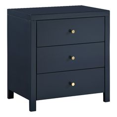 a blue night stand with three drawers and gold knobs on the bottom, against a white background