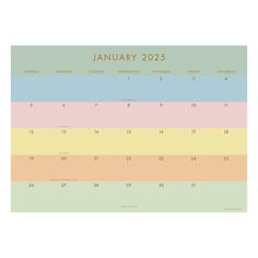 a colorful calendar with the month numbers in pastel colors and gold lettering on it