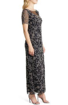 A dazzling garden wends its way across this illusion lace gown, styled with short sleeves in an always flattering A-line silhouette. 55" length (size 8) Hidden back-zip closure Jewel neck V-back Short sleeves Lined, except sleeves 100% rayon Spot clean Imported Pisarro Nights, A Line Gown, Jewel Neck, Lace Gown, Black Silver, Size 16, Cold Shoulder Dress, A Line, Short Sleeves