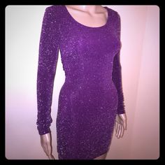 New Never Worn, Size Small, Silk Liner, 93% And 4% Spandex, Measured From The Front Top To Bottom 26 Inches, Purple With Silver Glitter Long Sleeve Fitted Shimmer Mini Dress, Fitted Long Sleeve Mini Dress With Shimmer, Fitted Long Sleeve Shimmer Mini Dress, Sparkling Fitted Mini Dress For Party Season, Glamorous Stretch Mini Dress With Glitter, Glamorous Glitter Stretch Mini Dress, Glamorous Glitter Mini Dress With Stretch, Sparkling Fitted Mini Bodycon Dress, Sparkling Fitted Disco Mini Dress