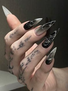 Goth Marble Nails, Corporate Goth Nails, Edgy Nails Black, Goth Manicure, Black Nails Stiletto, Stiletto Nails Black, Unusual Nails, Dark Nail Art