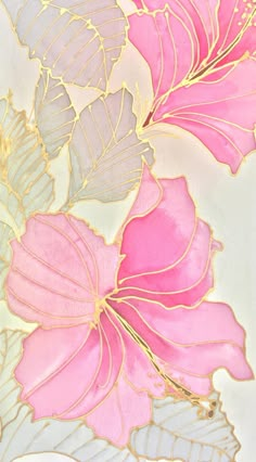 pink and gold flowers on white background with golden foilwork in the middle, closeup