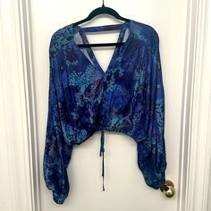 Beautiful Rich Colors- Nwot Blue Fall Vacation Top, Blue Flowy V-neck Top, Blue Bohemian Cropped Top, Blue Bohemian Long Sleeve Blouse, Blue Bohemian V-neck Tops, Chic Blue Flowy Top, Chic Flowy Blue Top, Blue Cropped Blouse With Floral Print, Blue Floral Print Cropped Blouse