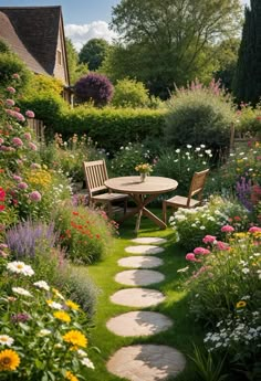 a garden with flowers and a wooden table in the middle, surrounded by stepping stones