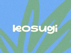 the word kosugi is written in white on a blue background with green leaves