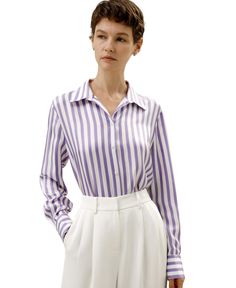 in stock Sheer Puff Sleeve Top, Lily Silk, Strip Design, Lilac White, Organza Sleeves, Faux Leather Top, Casual Tees, Elegant Blouses, Women's Blouses