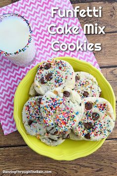 funfetti cake mix cookies on a yellow plate next to a glass of milk